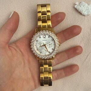 GUESS Gold-Tone Women's Crystal Bezel Bracelet Watch with White Dial